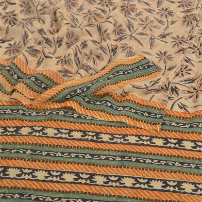 Sanskriti Vintage Beige Sarees Pure Georgette Silk Printed Sari 5YD Craft Fabric