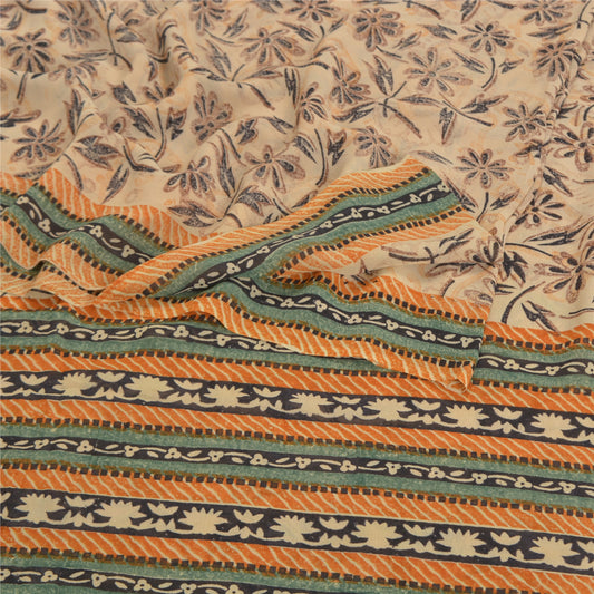 Sanskriti Vintage Beige Sarees Pure Georgette Silk Printed Sari 5YD Craft Fabric