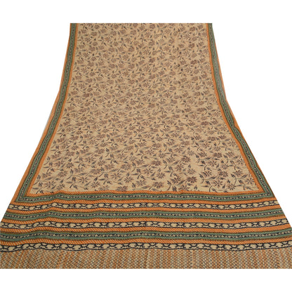 Sanskriti Vintage Beige Sarees Pure Georgette Silk Printed Sari 5YD Craft Fabric