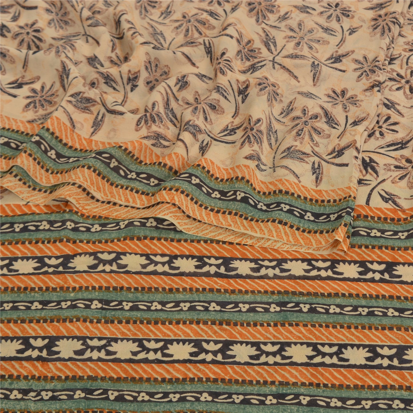 Sanskriti Vintage Beige Sarees Pure Georgette Silk Printed Sari 5YD Craft Fabric