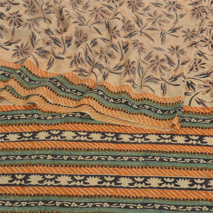 Sanskriti Vintage Beige Sarees Pure Georgette Silk Printed Sari 5YD Craft Fabric