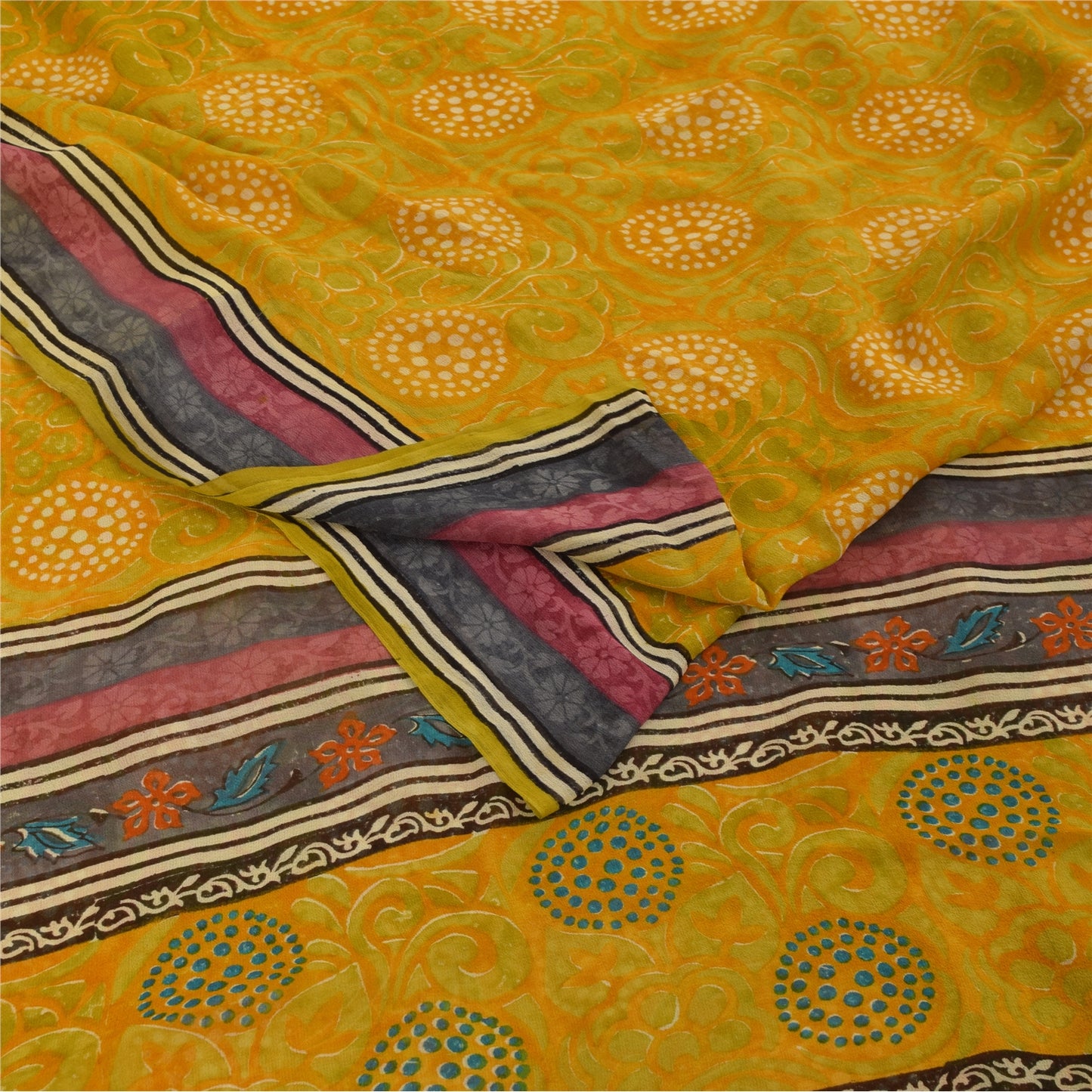 Sanskriti Vintage Yellow Sarees Pure Georgette Silk Printed Sari Craft Fabric