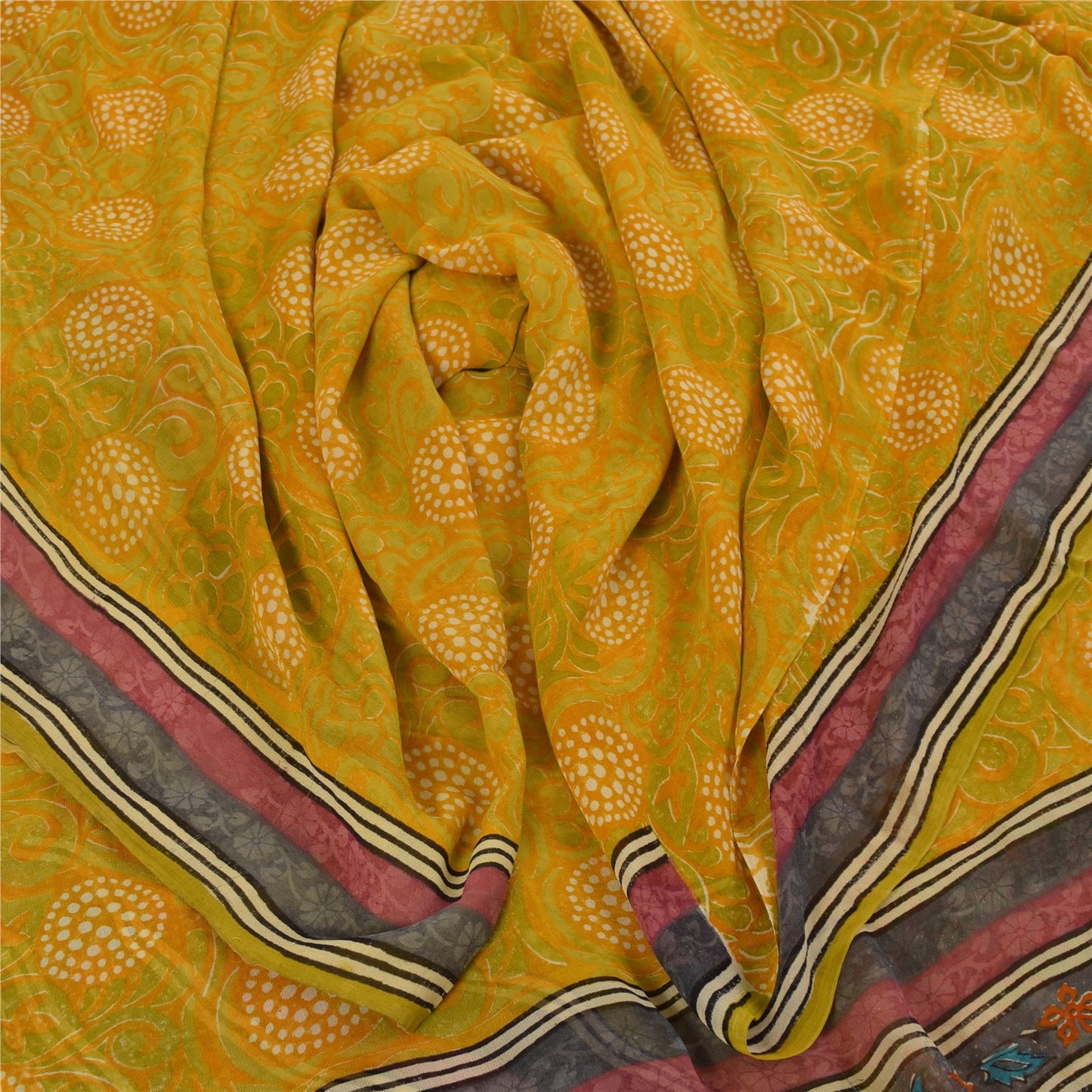 Sanskriti Vintage Yellow Sarees Pure Georgette Silk Printed Sari Craft Fabric