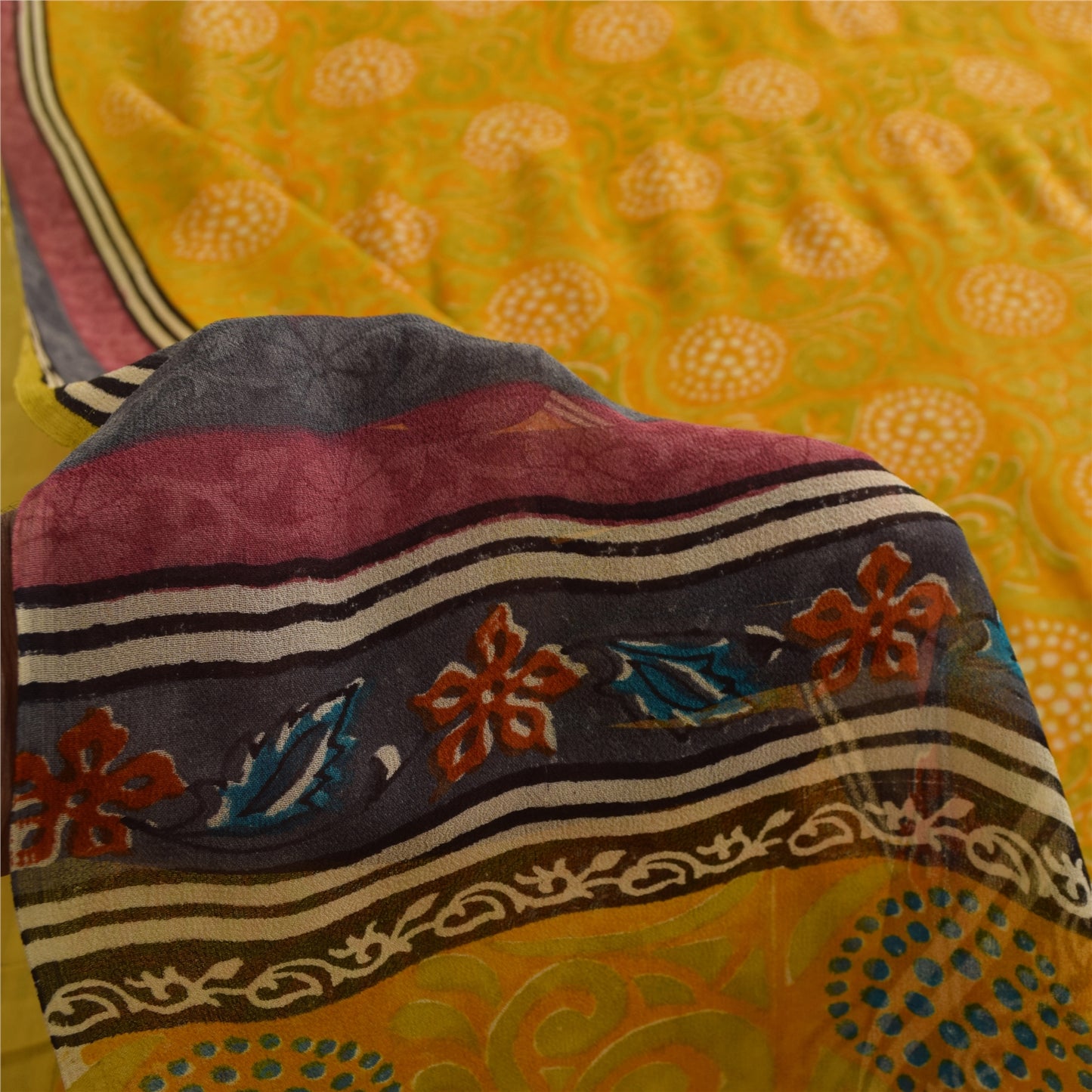 Sanskriti Vintage Yellow Sarees Pure Georgette Silk Printed Sari Craft Fabric