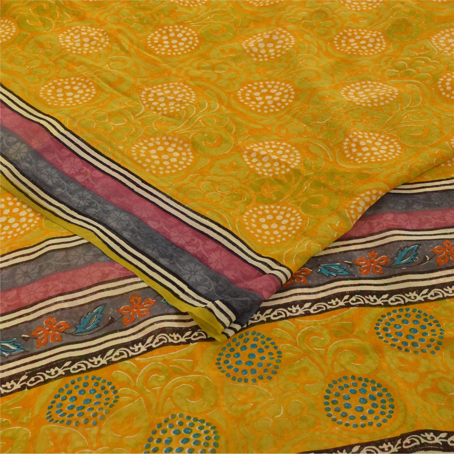 Sanskriti Vintage Yellow Sarees Pure Georgette Silk Printed Sari Craft Fabric