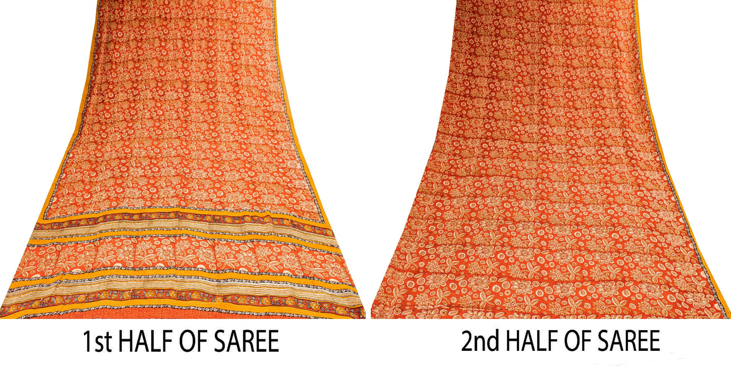 Sanskriti Vintage Sari 100% Pure Georgette Silk Red Sarees Printed 5Yd Craft Fabric upholstery fabric