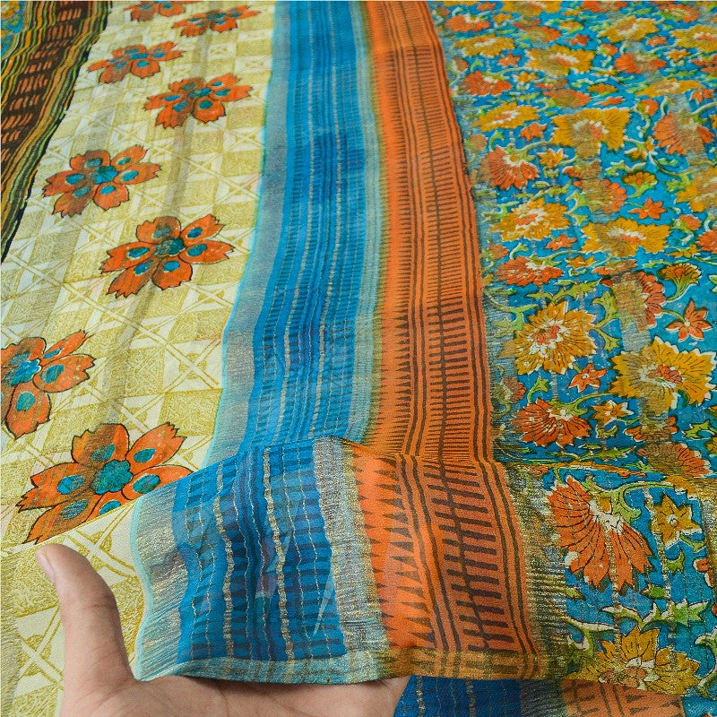 Sanskriti Vintage 100% Pure Georgette Silk Multicolor Printed Woven Saree 5Yd Craft Floral Fabric Boho Quilting Material For DIY Projects