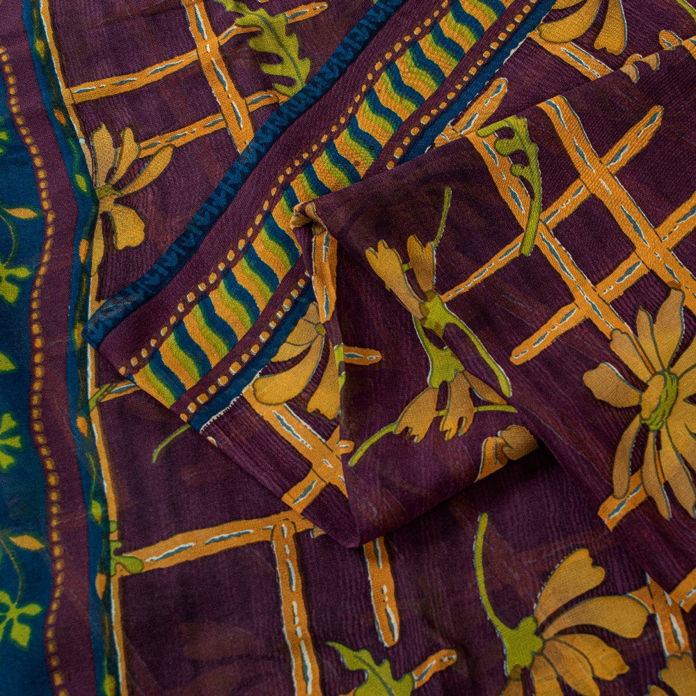 Sanskriti Vintage Lilla Sarees Ren Georgette Silke Trykt Sari Håndværk Bæredygtigt Stoff
