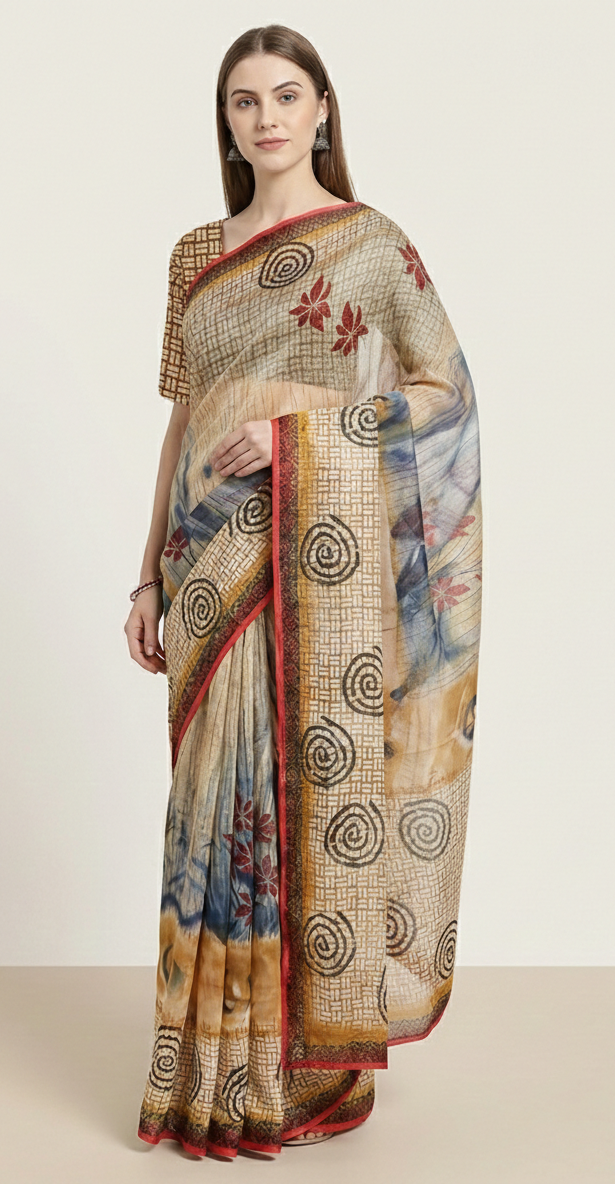 Sanskriti Vintage Brun Sari-bluse i Georgette-print med PC-sari og bæredygtigt stof