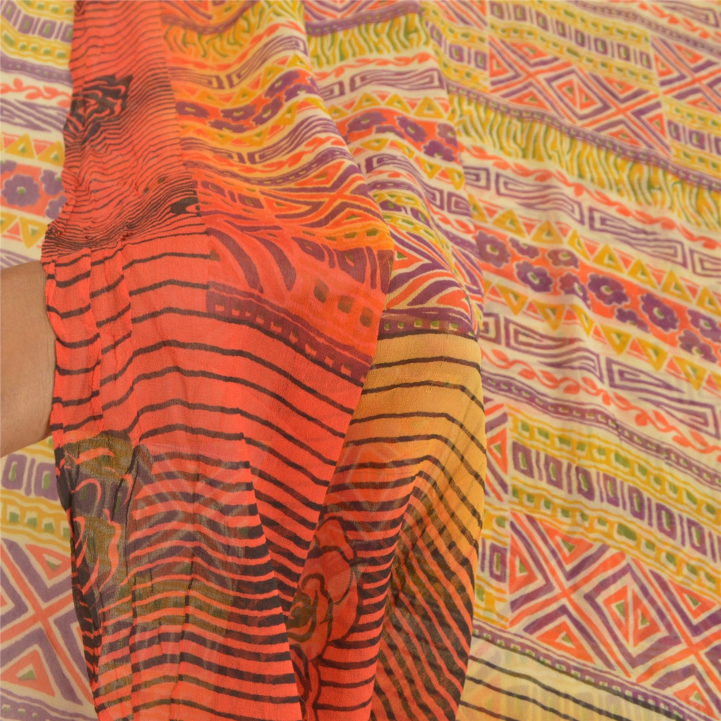 Sanskriti Vintage Sarees 100% Pure Georgette Silk Printed Sari 5YD Craft Fabric