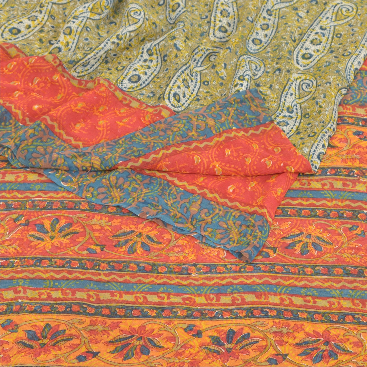 Sanskriti Vintage Green Sarees Pure Georgette Silk Printed Sari 5YD Craft Fabric