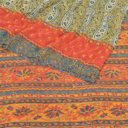Sanskriti Vintage Green Sarees Pure Georgette Silk Printed Sari 5YD Craft Fabric