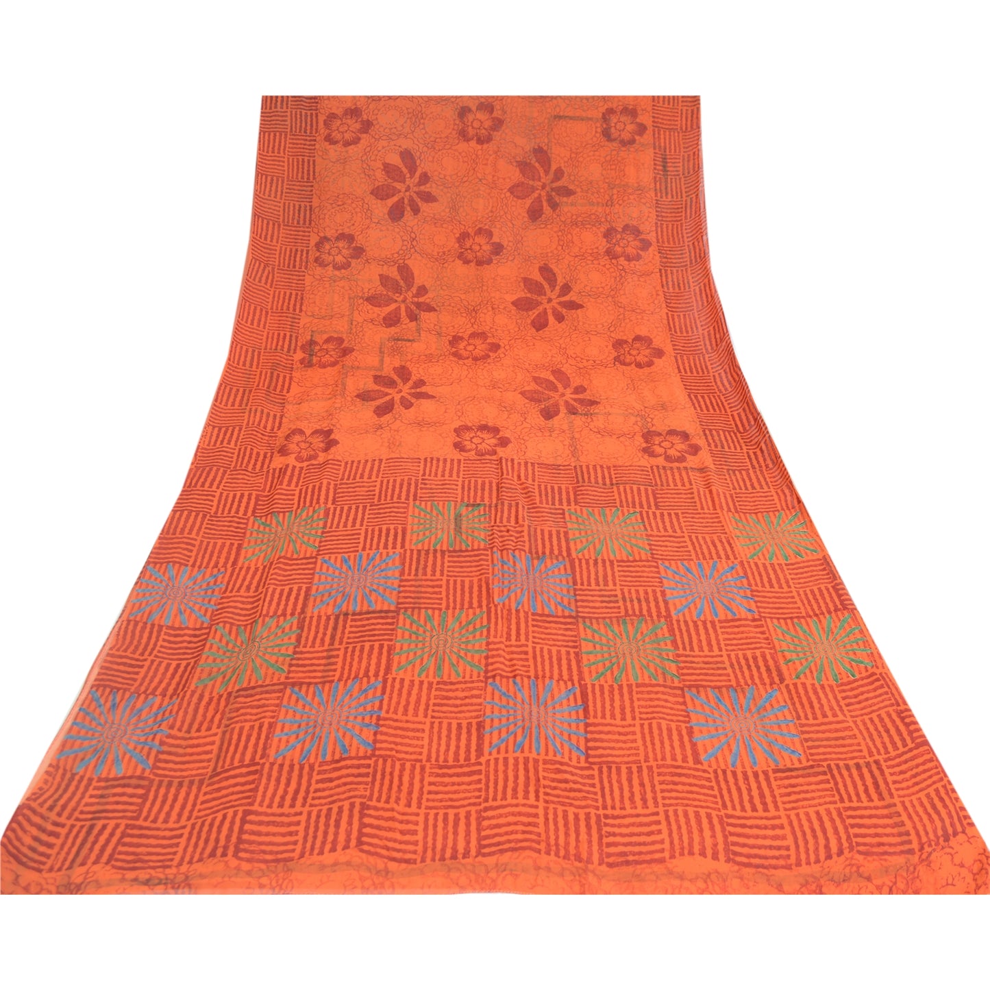Sanskriti Vintage Orange Sarees Pure Georgette Silk Printed Sari Craft Fabric