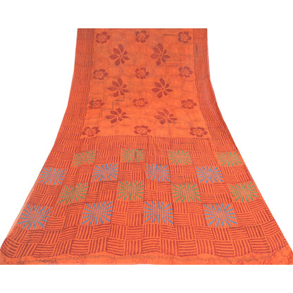 Sanskriti Vintage Orange Sarees Pure Georgette Silk Printed Sari Craft Fabric