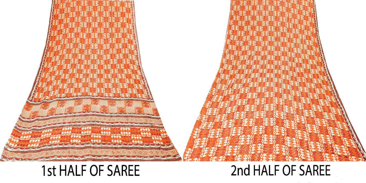 Sanskriti Vintage Rusty Orange Sarees Pure Georgette Silk Printed Sari Sustainable Fabric