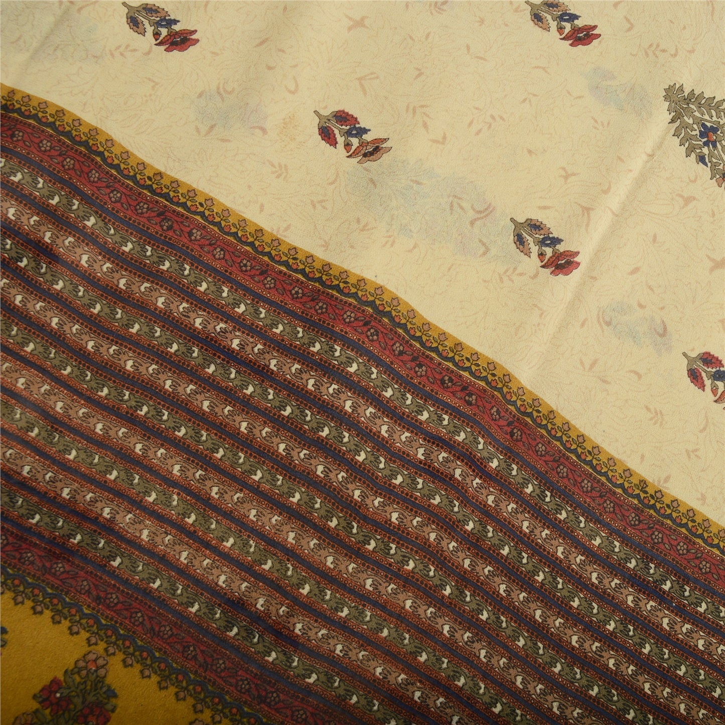 Sanskriti Vintage Cream Sarees 100%Pure Georgette Floral Printed 5YD Indian Sari