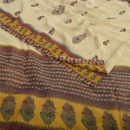 Sanskriti Vintage Cream Sarees 100%Pure Georgette Floral Printed 5YD Indian Sari