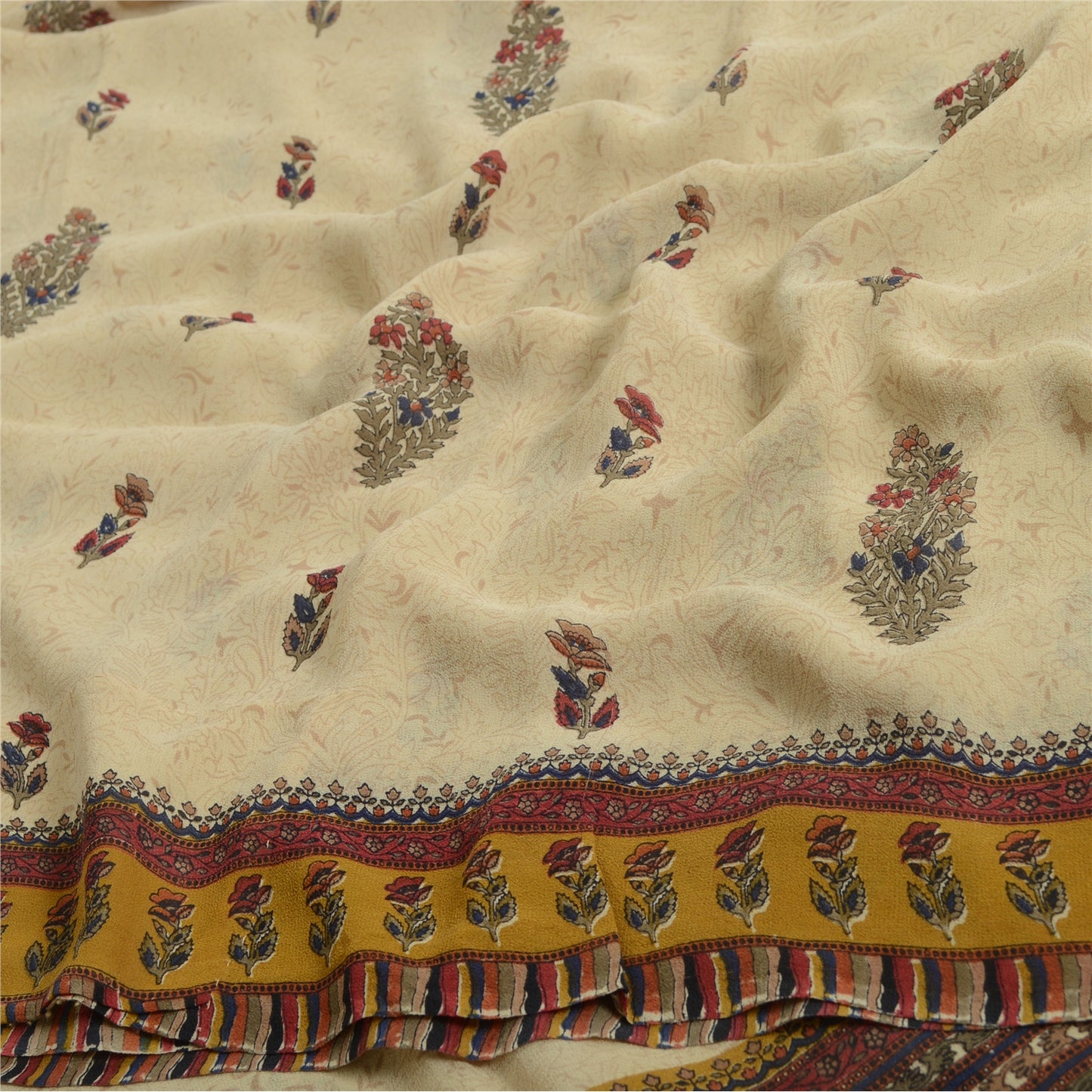 Sanskriti Vintage Cream Sarees 100%Pure Georgette Floral Printed 5YD Indian Sari