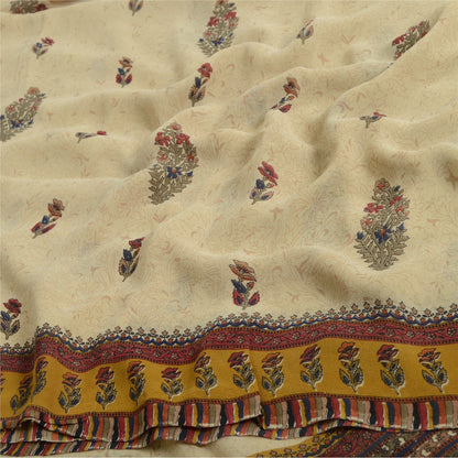 Sanskriti Vintage Cream Sarees 100%Pure Georgette Floral Printed 5YD Indian Sari