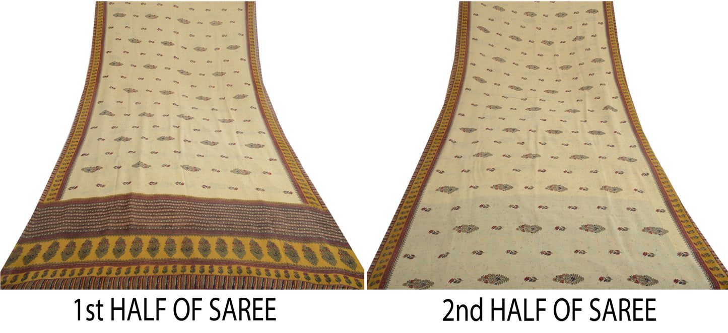 Sanskriti Vintage Cream Sarees 100%Pure Georgette Floral Printed 5YD Indian Sari