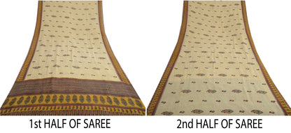 Sanskriti Vintage Cream Sarees 100%Pure Georgette Floral Printed 5YD Indian Sari