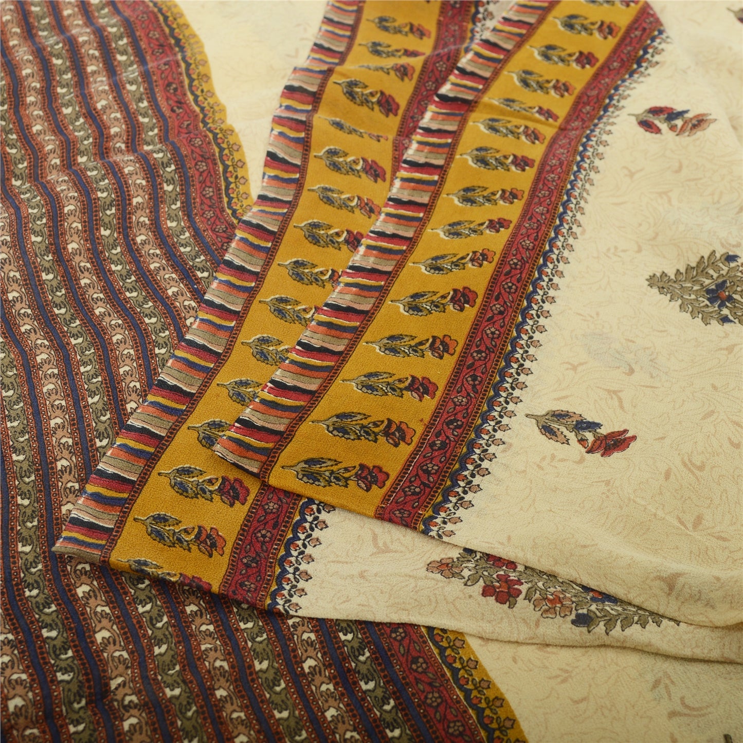 Sanskriti Vintage Cream Sarees 100%Pure Georgette Floral Printed 5YD Indian Sari