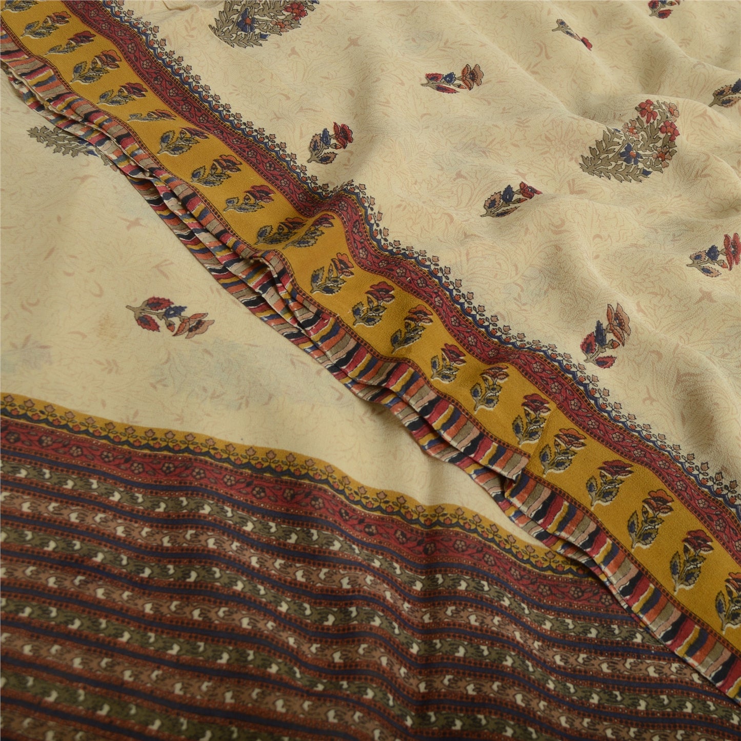 Sanskriti Vintage Cream Sarees 100%Pure Georgette Floral Printed 5YD Indian Sari