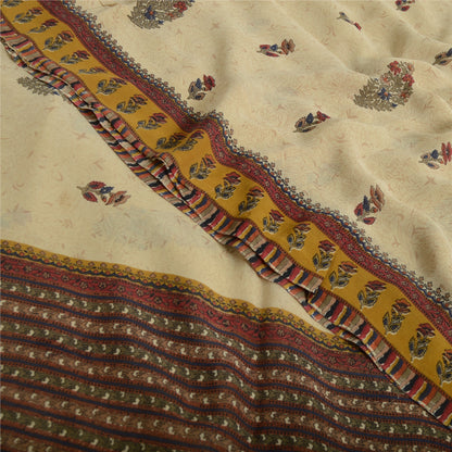 Sanskriti Vintage Cream Sarees 100%Pure Georgette Floral Printed 5YD Indian Sari