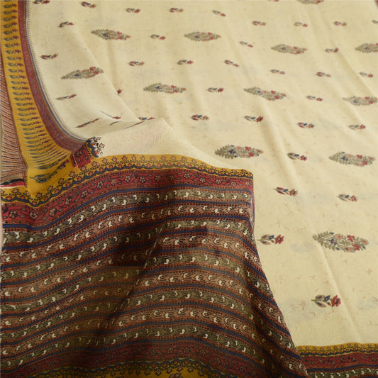 Sanskriti Vintage Cream Sarees 100%Pure Georgette Floral Printed 5YD Indian Sari
