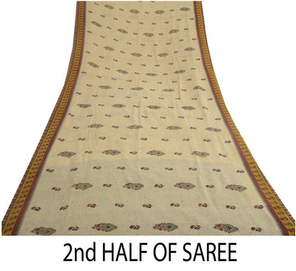 Sanskriti Vintage Cream Sarees 100%Pure Georgette Floral Printed 5YD Indian Sari