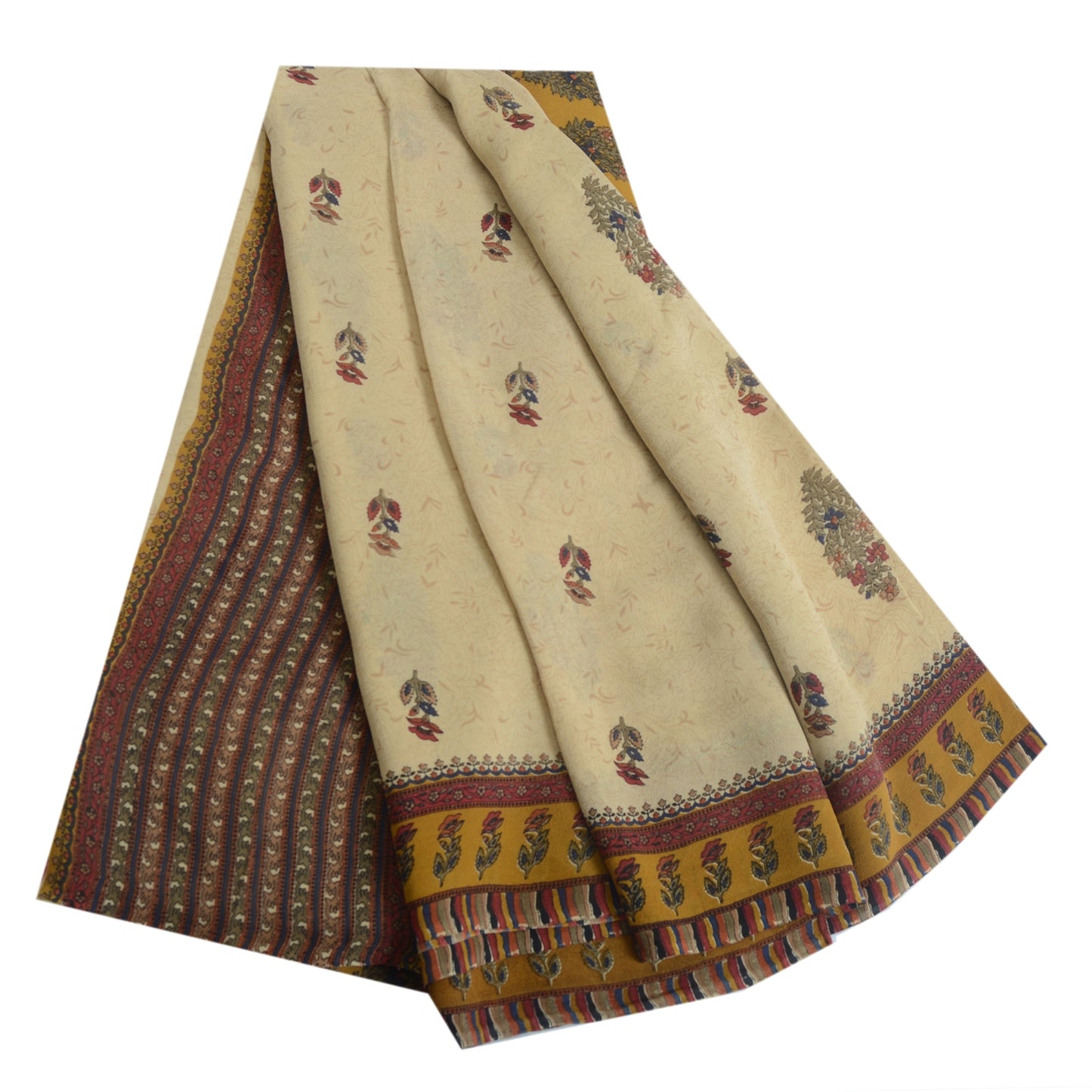 Sanskriti Vintage Cream Sarees 100%Pure Georgette Floral Printed 5YD Indian Sari