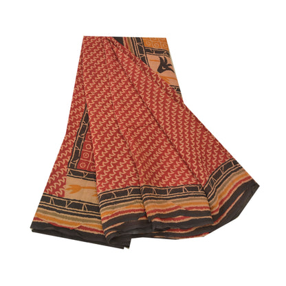 Sanskriti Vintage Saree Dark Red 100% Pure Georgette Silk 5 YD Saree Abstract Printed Sari Craft Fabric Add-Elegance to Curtains, Sewing