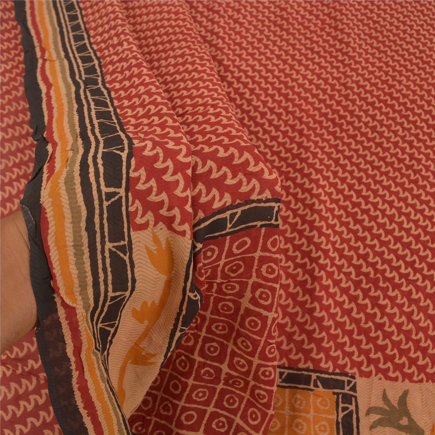 Sanskriti Vintage Saree Dark Red 100% Pure Georgette Silk 5 YD Saree Abstract Printed Sari Craft Fabric Add-Elegance to Curtains, Sewing