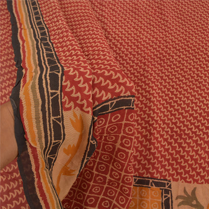 Sanskriti Vintage Saree Dark Red 100% Pure Georgette Silk 5 YD Saree Abstract Printed Sari Craft Fabric Add-Elegance to Curtains, Sewing
