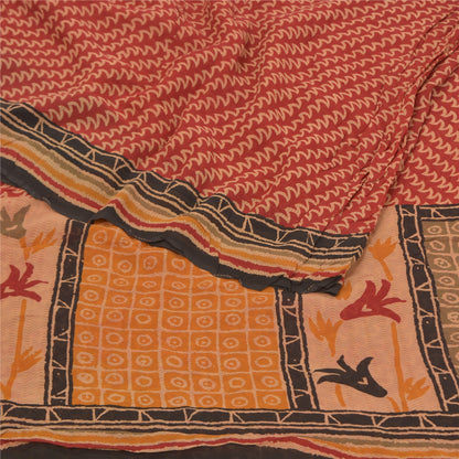 Sanskriti Vintage Saree Dark Red 100% Pure Georgette Silk 5 YD Saree Abstract Printed Sari Craft Fabric Add-Elegance to Curtains, Sewing