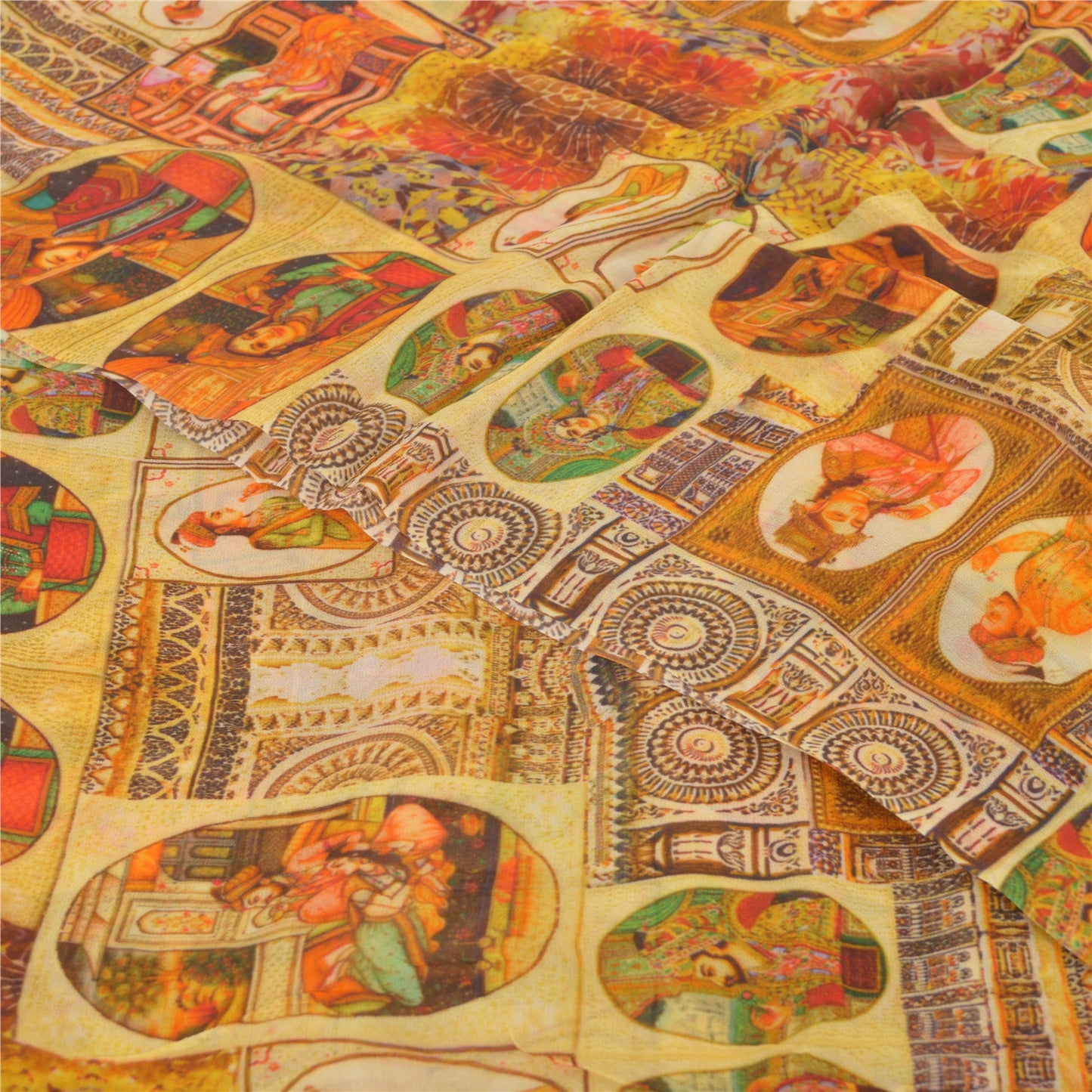 Sanskriti Vintage Saree Yellow 100% Pure Georgette Silk 5+YD Craft Fabric Digital Floral Human Printed Sari Home Decor, Upcycled, Recycled