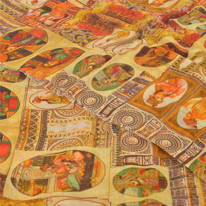 Sanskriti Vintage Saree Yellow 100% Pure Georgette Silk 5+YD Craft Fabric Digital Floral Human Printed Sari Home Decor, Upcycled, Recycled