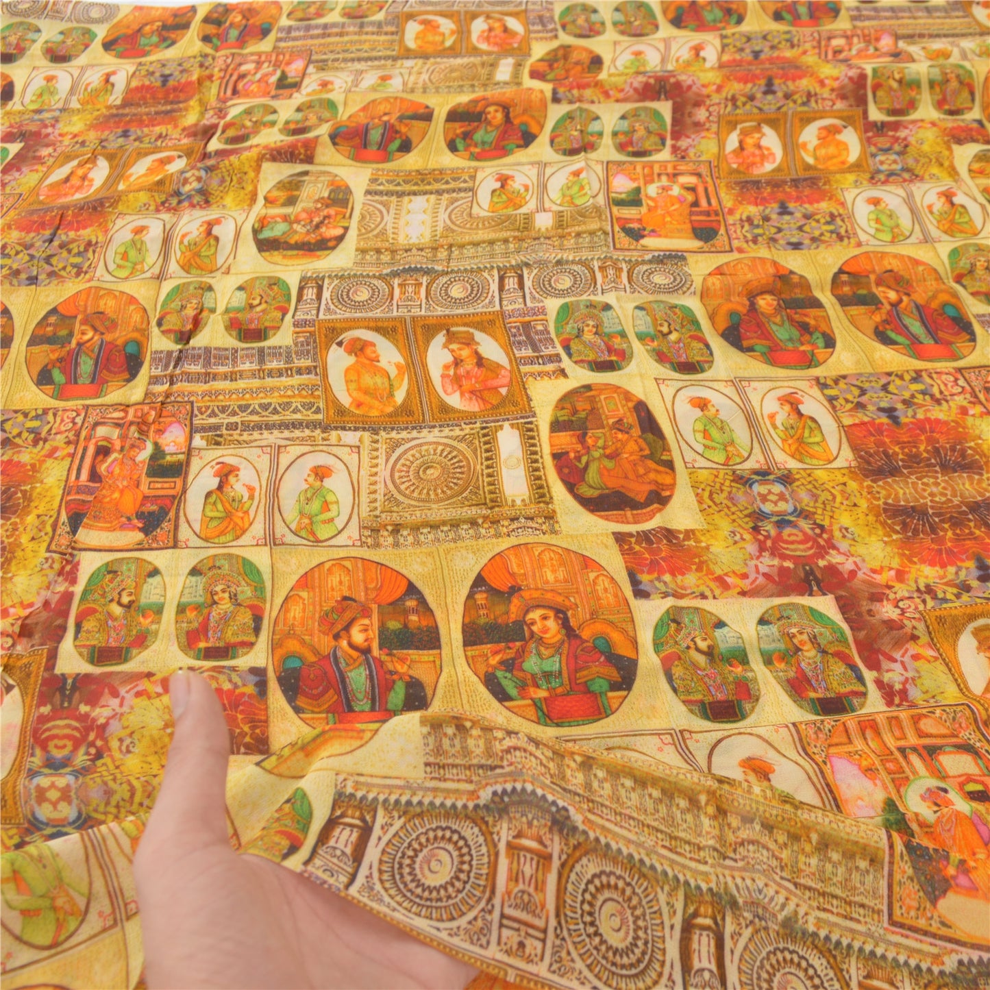 Sanskriti Vintage Saree Yellow 100% Pure Georgette Silk 5+YD Craft Fabric Digital Floral Human Printed Sari Home Decor, Upcycled, Recycled