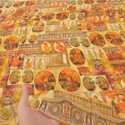 Sanskriti Vintage Saree Yellow 100% Pure Georgette Silk 5+YD Craft Fabric Digital Floral Human Printed Sari Home Decor, Upcycled, Recycled