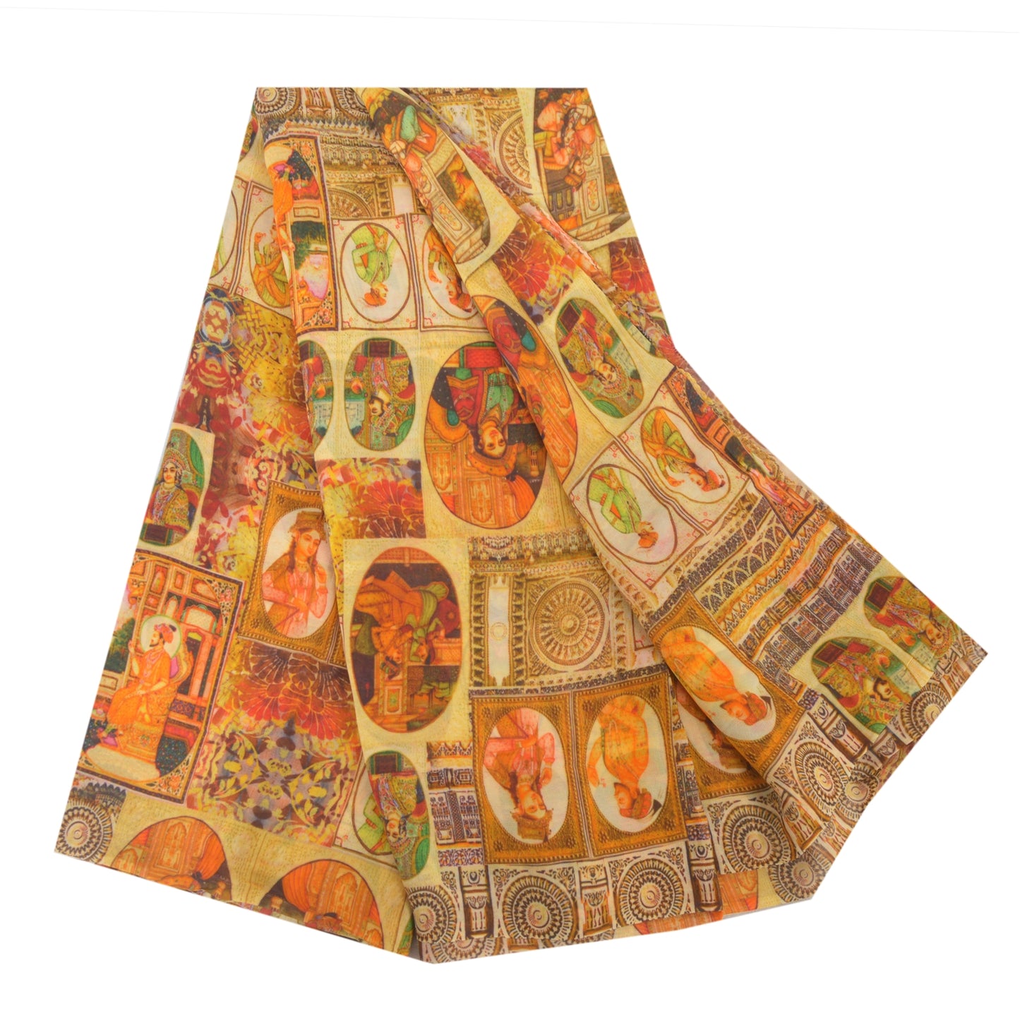 Sanskriti Vintage Saree Yellow 100% Pure Georgette Silk 5+YD Craft Fabric Digital Floral Human Printed Sari Home Decor, Upcycled, Recycled