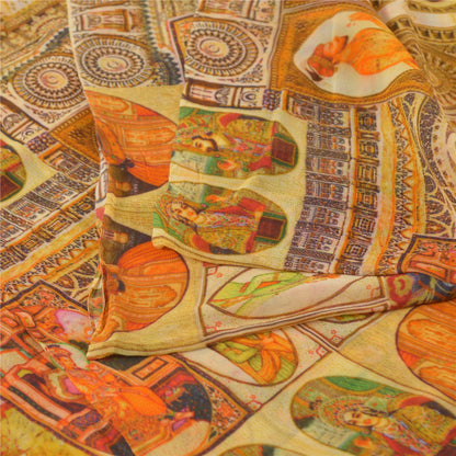 Sanskriti Vintage Saree Yellow 100% Pure Georgette Silk 5+YD Craft Fabric Digital Floral Human Printed Sari Home Decor, Upcycled, Recycled