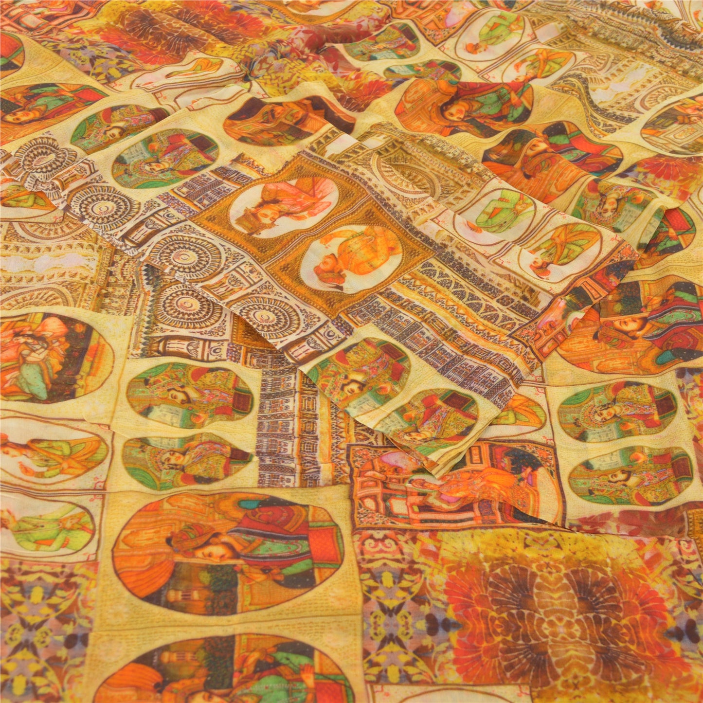 Sanskriti Vintage Saree Yellow 100% Pure Georgette Silk 5+YD Craft Fabric Digital Floral Human Printed Sari Home Decor, Upcycled, Recycled