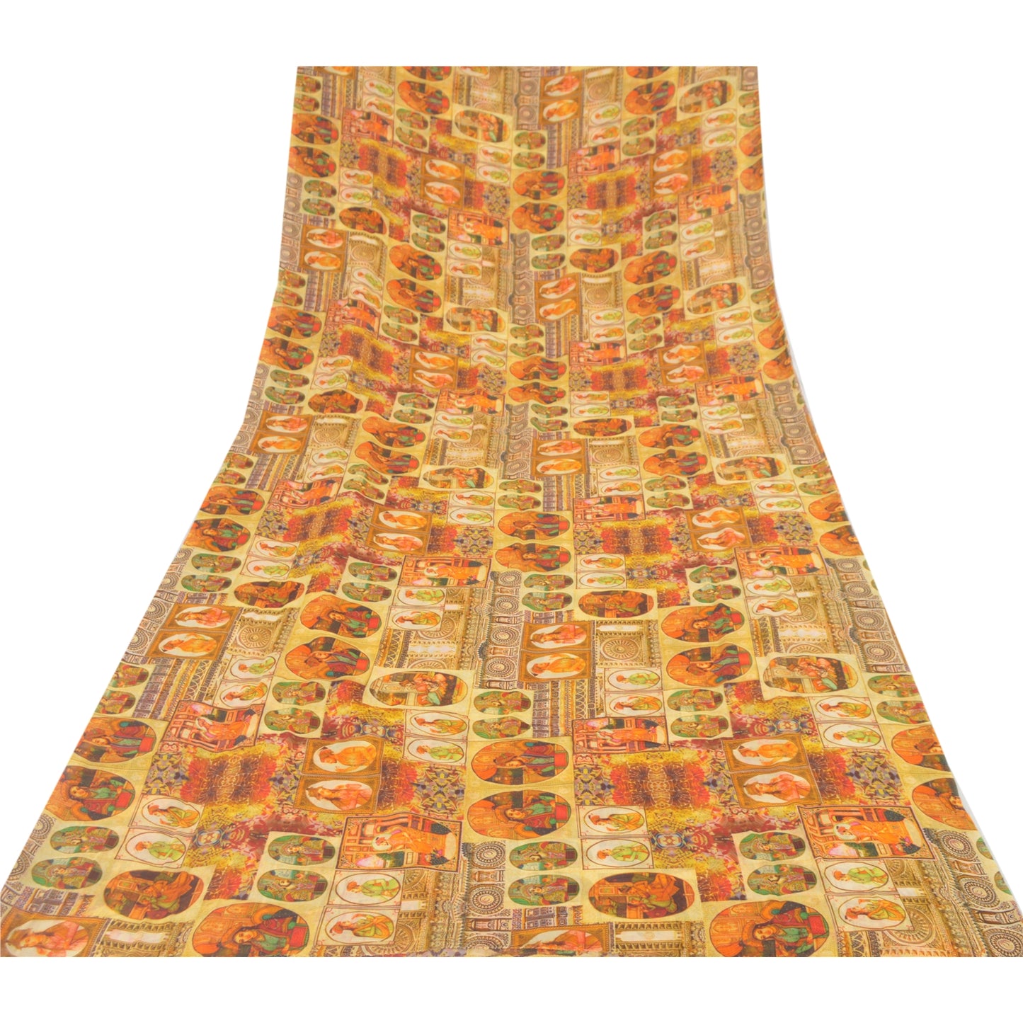 Sanskriti Vintage Saree Yellow 100% Pure Georgette Silk 5+YD Craft Fabric Digital Floral Human Printed Sari Home Decor, Upcycled, Recycled