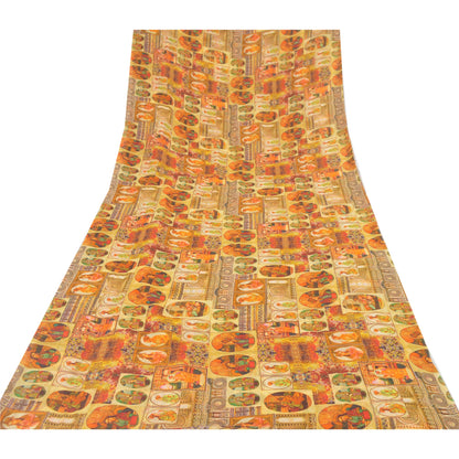 Sanskriti Vintage Saree Yellow 100% Pure Georgette Silk 5+YD Craft Fabric Digital Floral Human Printed Sari Home Decor, Upcycled, Recycled