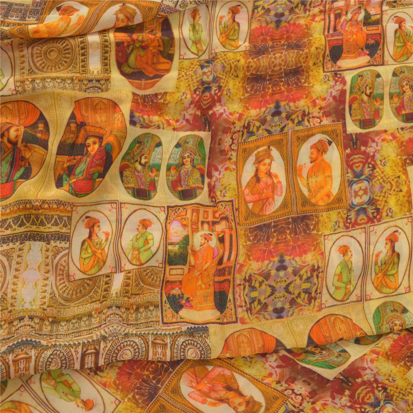 Sanskriti Vintage Saree Yellow 100% Pure Georgette Silk 5+YD Craft Fabric Digital Floral Human Printed Sari Home Decor, Upcycled, Recycled