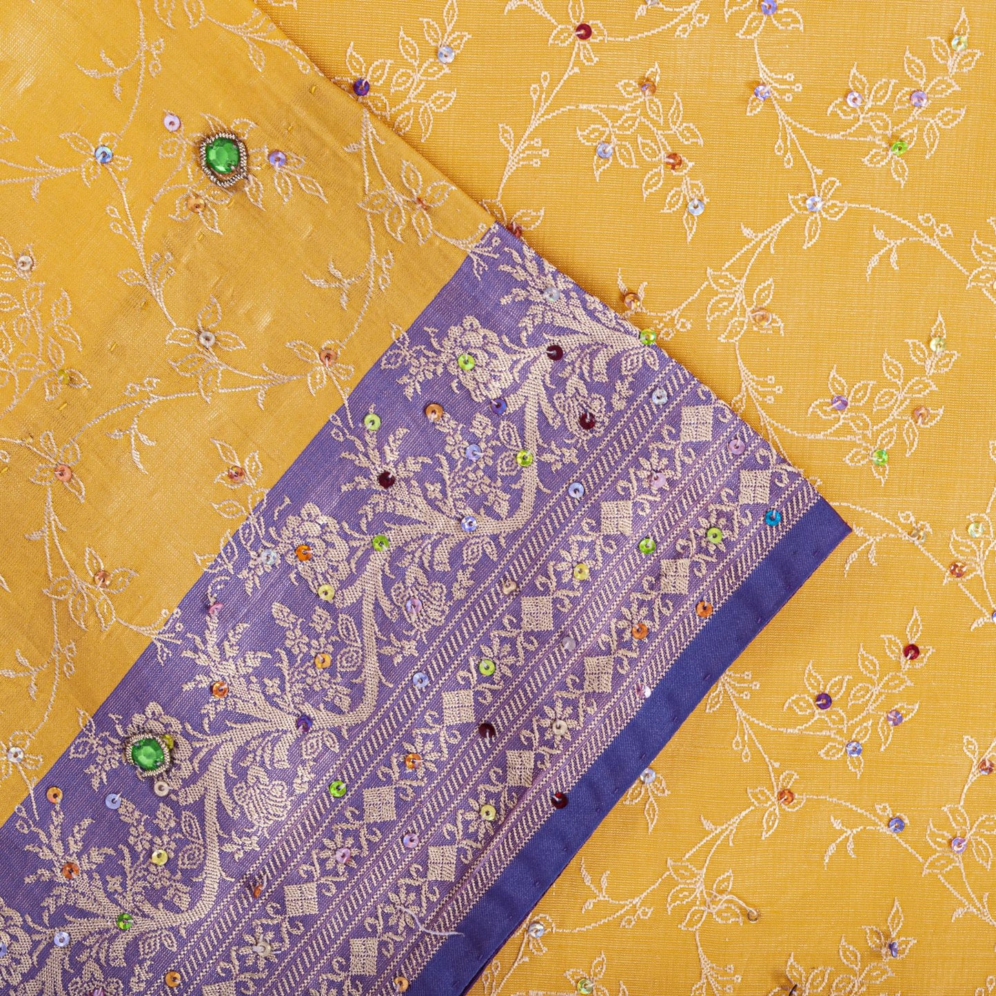 Sanskriti Vintage Saree Yellow-Purple Art Silk Hand Embroidery-Woven Fabric Sari