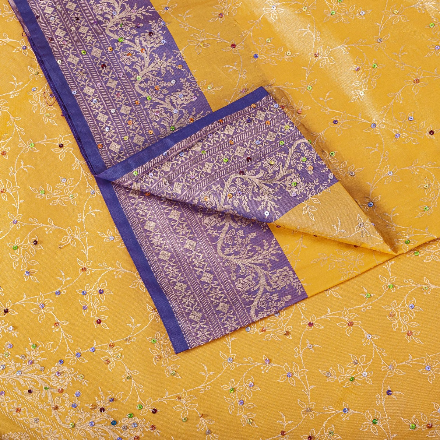 Sanskriti Vintage Saree Yellow-Purple Art Silk Hand Embroidery-Woven Fabric Sari