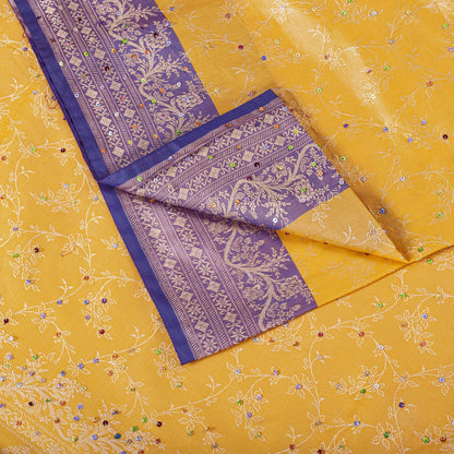 Sanskriti Vintage Saree Yellow-Purple Art Silk Hand Embroidery-Woven Fabric Sari