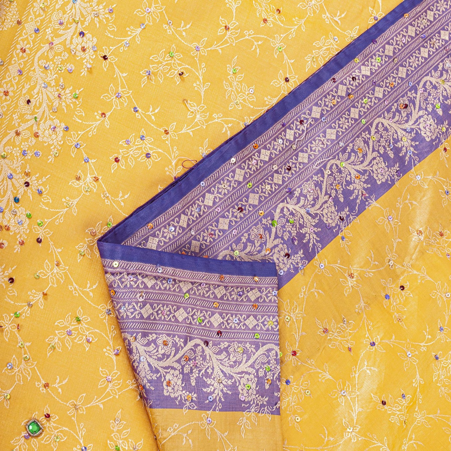 Sanskriti Vintage Saree Yellow-Purple Art Silk Hand Embroidery-Woven Fabric Sari