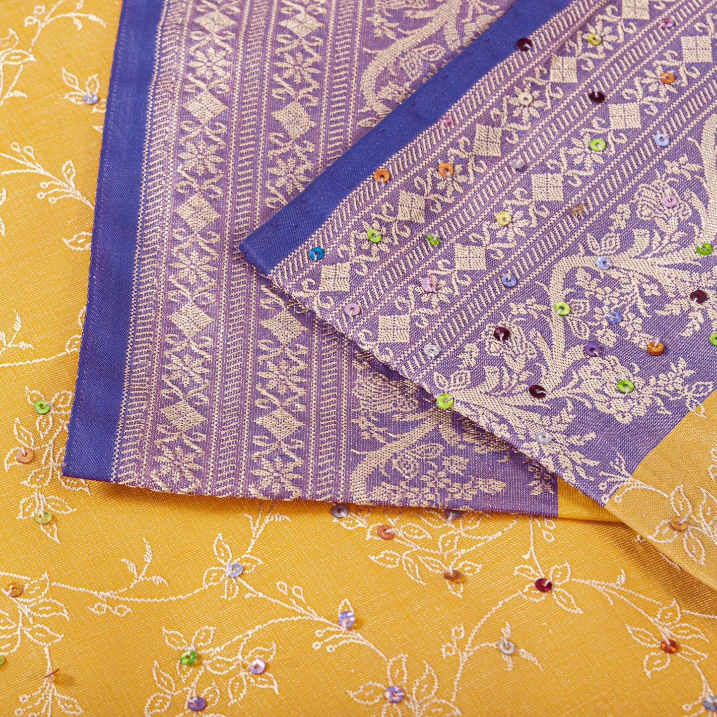 Sanskriti Vintage Saree Yellow-Purple Art Silk Hand Embroidery-Woven Fabric Sari